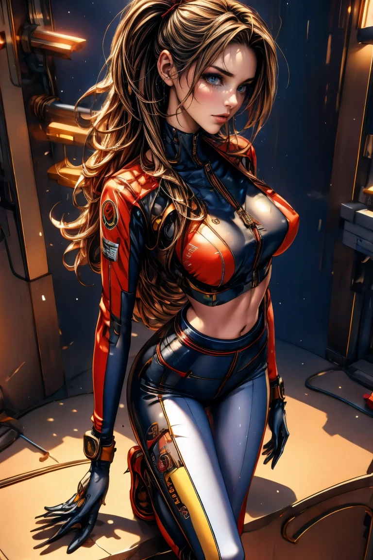 pretty italian female in latex orange costume, pretty face, pretty features, dark hair, in office, royo, giger, splash art, detailed