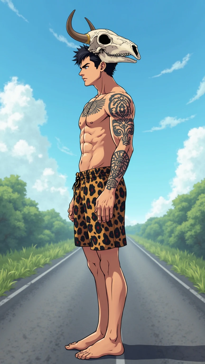 (no background、white background:1.4)、(Standing picture)、10th generation male、1 person、 muscular、big pectoral muscles、he has short blonde hair、 strong jaw line、leopard print bikini, Vulgar is a bad smile、((whole body、stand))、barefoot、