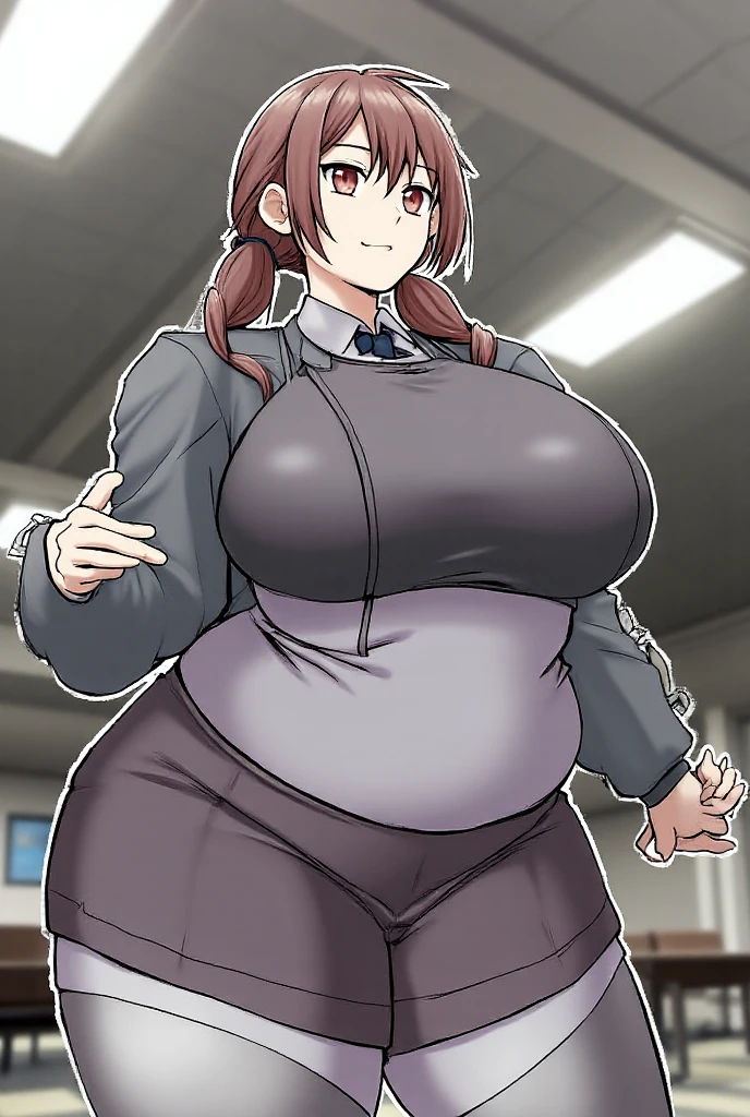 Woman in dress stands in front of giant robot, Don Mitts, portrait of sofia vergara, Promotional Art, attractive brown hair woman, Retropunk, The main character in the foreground, Inspired by Louis Paul, mechanic, anime visual of a young woman, Compute Shaders, Inspired by Donato Giancola, youtube thumbnail, Chrome Art ,thighs thighs thighs thighs, chubby, Big buttocks, Huge breasts