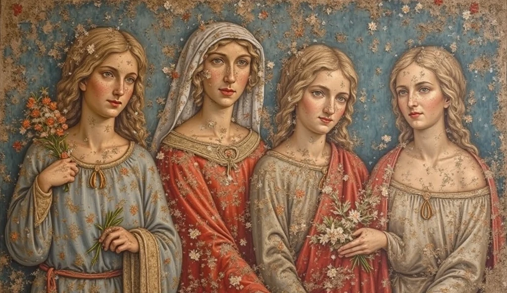 Historical erasure imagery: Faded frescoes depict unnamed women supporting early church activities. Among them, subtle traits resemble Joanna (mid-30s), hinting at deliberate omission from official narratives.—ar 16:9 