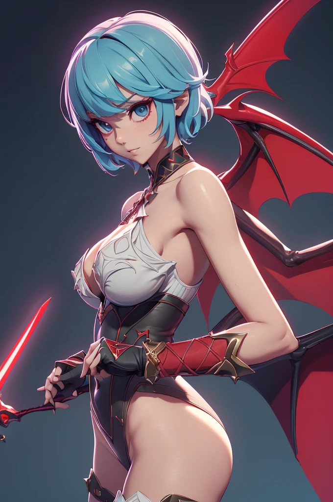 Mini morrigan aensland, (morrigan aensland), 独奏, ray tracing, 3D style, 3DMM, ((oses per photo)), ((oses au cada foto)), fully body,(Front view),(Costas Issue), (Emist on the left), show flat belly, (((oses per photo))),(very big breastsperfect ass, perfect and symmetrical eyes, (perfect handuturistic sword in hand)), ((short hair)),white clothing with textured edges, skin fair, luauas detalhadas, White thigh-high tights with trim, auestido aberto au "au", Waist slender, big legs, low water, Show legs to the top of the waist, ,((top with rip in the middle)),ultra realistic skin, realistic human eyes,ultra realistic skin,super sensual suit,(faixas au torno dos seios), colorfully,top with ruffles,(pubis with a lot of volume),(extrauamente sensual),(very sensual),(red and black thaue),(((giant bat wings))),with bat wings,love the league,(meia calca de renda au um dos lados),(meia calca de renda au um dos lados),((red decorations with LEDs))),((red lines adorning the curves of the body)),(((woman show))),((devil may cry)),((details Intricate))
