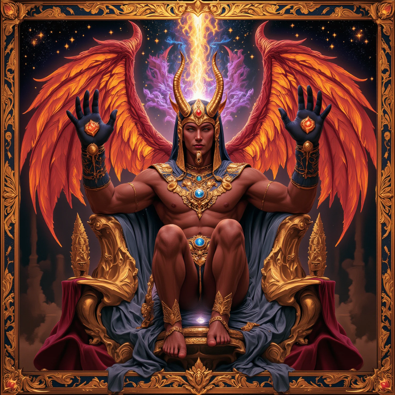 Western Elysium,The tall demon as a seductive entity , the statue sits on a throne,His face was solemn and calm,A ray of Tyndall light shone overhead,The body emits a infernal glow,Colorful light fills the sky, the throne shines gold,Peace and tranquility atmosphere,Exquisite and shocking scenes,Fantasy scenes,Overlooking the world