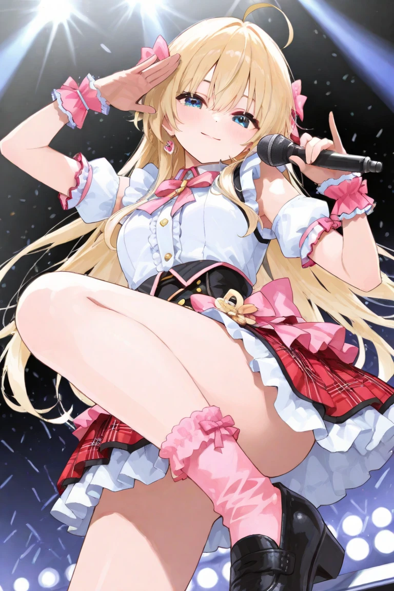 19 years old pop idol girl with a magcal girl theme, long blond hair, red eyes, her outfit consists of a belly free top tha shows just a glimbs of cleavage and a frilly skirt as well as heels and thigh high socks all in the same magical girl theme and collor sheme, she is performing on stage (high quality, master piece, 4k)