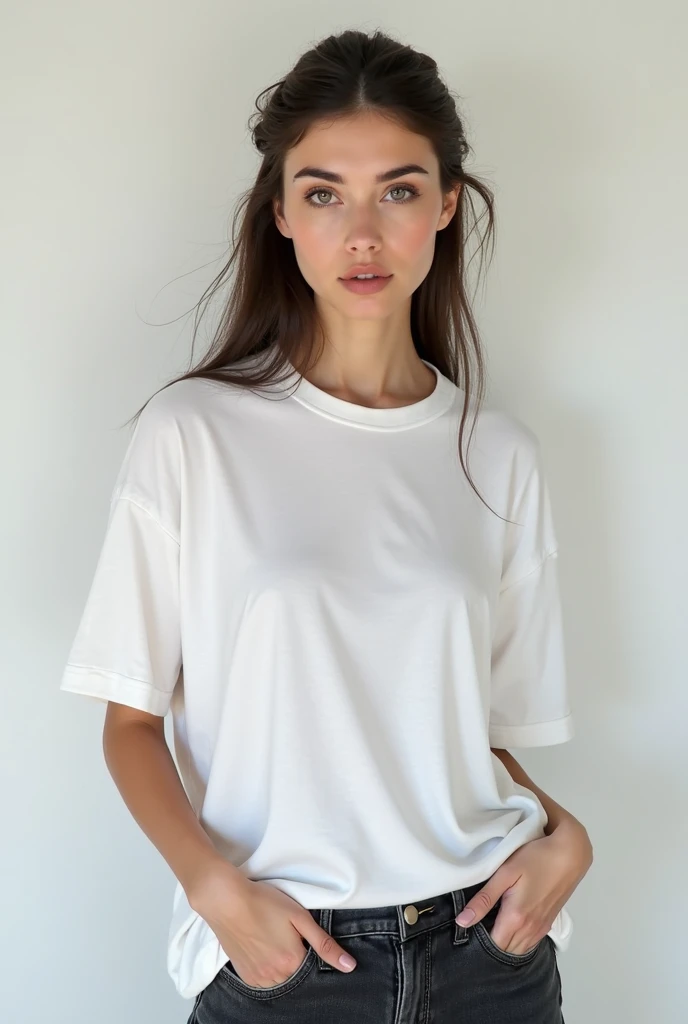 Full body image of A 20 year old white woman wearing only a tshirt and naked below standing