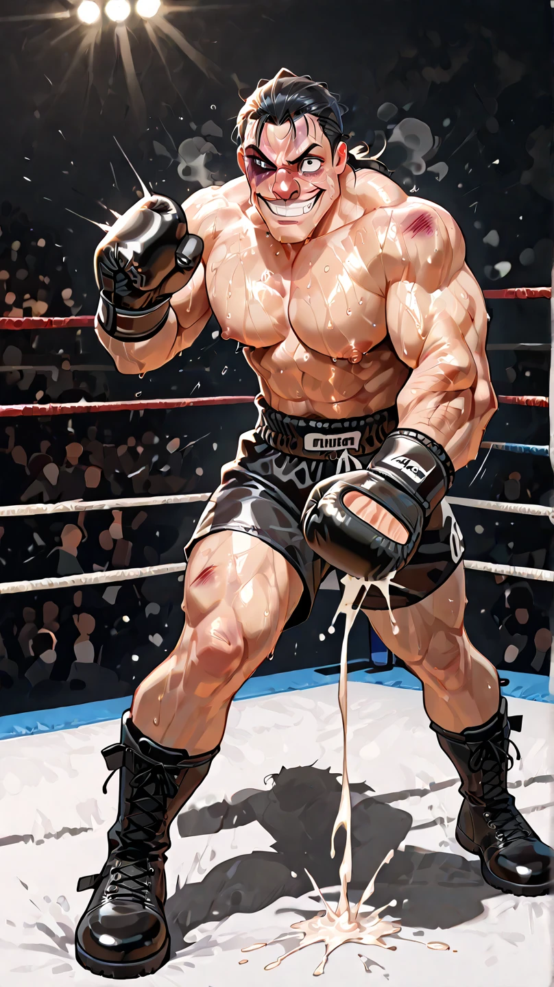 3D Photorealistic, Masterpiece realistic, best high quality, perfect details, RAW Photo, intricate details, nice lighting, 4K, detailed background, In the championship boxing match, A determined muscular boxing champion 45-year-old man, perfect wrinkle wearing pure white boxing trunk and red boxing gloves. wide abs (wide abs:1.4). Crowded audiences and nice lighting, nice face lighting, serving a boxing battleground. Unnoticed by the world beyond. It's a fight born of pride, rivalry, or perhaps a deeper conflict and pride, and it rages on with an intensity that can only be found in the unforgiving boxing stadium of the city. Intricate details, details of physic muscle, perfect body anatomy, perfect hand anatomy. hot beard, (look at viewer:1.6), (straight face:1.2), view from bottom (view from bottom:1.7), mouth open (mouth open:1.2), destroyed (destroyed:1.8), exhausted (exhausted:1.9), dominated (dominated:1.8), bruises (bruises:1.9), shirtless (shirtless:1.9), bodily fluid (bodily fluid:1.8), weaken body (weaken body:1.9), bruised body (bruised body:1.99), bruised abs (bruised abs:1.99), bloody abs (bloody abs:1.9), groaning, vomiting, puking, blood puking, blood vomiting (blood vomiting:1.8), saliva puking, saliva vomiting (saliva vomiting:1.79), tired (tired:1.79), enfeeble (enfeeble:1.89), erode (erode:1.89), oily muscle, (exhausted and panting steamy breath:1.8), (Sweat dripping:1.7)