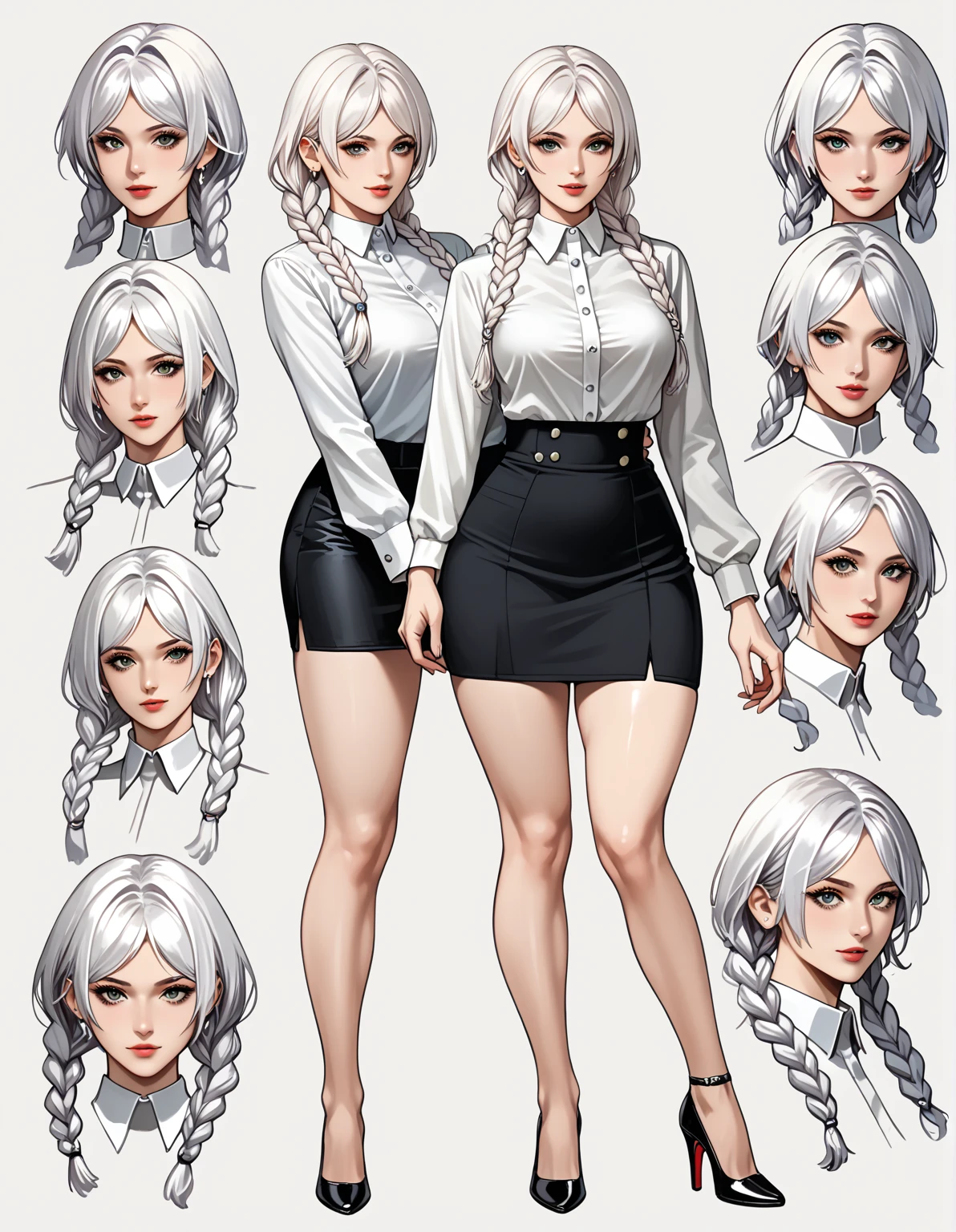 1girl, Creat a model sheet for Jackie a muscular vampire, with white curly hair with a blue tie on top of head as a high ponytail,six pack, thick arms fangs, red eyes, on panties, big chest, serios look,