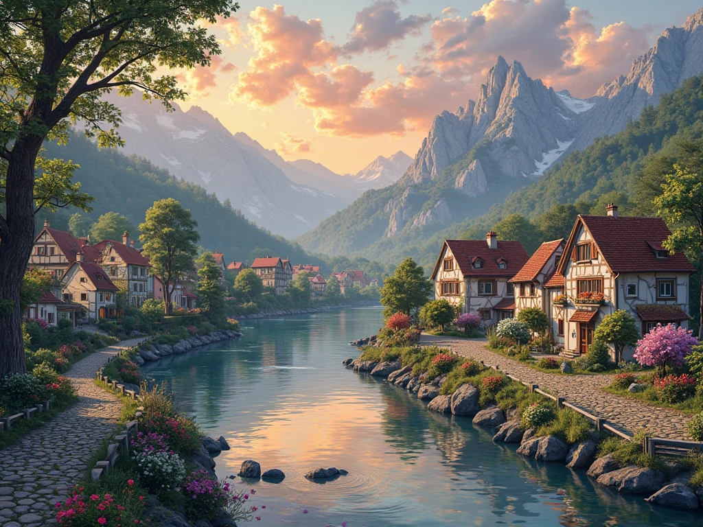 A small village by the river, mountains in the background, colorful flowers, detailed landscape style, beautiful natural scenery, atmospheric lighting,  scorching sunset ,  warm colors, practical, photographic, detailed foliage, complex buildings , cobblestone street, charming country house, vibrant colors, lush vegetation, reflections in the water, pitoresco, idyllic, work of art, Best Quality, 8k, extremely detailed, anime style