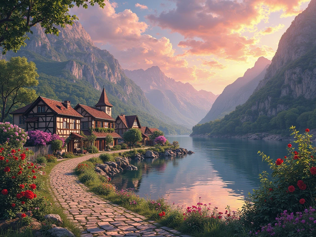 A small village by the river, mountains in the background, colorful flowers, detailed landscape style, beautiful natural scenery, atmospheric lighting,  scorching sunset ,  warm colors, practical, photographic, detailed foliage, complex buildings , cobblestone street, charming country house, vibrant colors, lush vegetation, reflections in the water, pitoresco, idyllic, work of art, Best Quality, 8k, extremely detailed, anime style