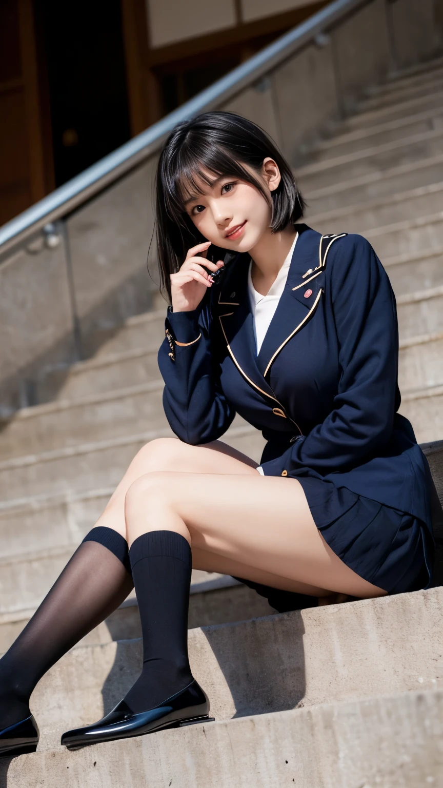 (((Japanese woman))), high school girl, bob cut:(1.2), beautiful black hair:(1.3), (Clear dark eyes), light in the eyes, (Black shoes), slim body , Cute smile like an idol:(1.35), Face drawn precisely:(1.4), (Fingers drawn precisely), Beautiful big breasts:(1.35), is sitting on the stairs:(1.4), RAW photos (1.3), masterpiece:(1.2), (Max Video Quality:1.2), (16k), (Ultra HD), reality:(1.5), fine eyes and face :(1.3), professional photography techniques, Detailed hand:(1.2), beautiful hair fluttering in the wind:(1.2), navy blue sailor suit:(1.35), navy blue ribbon:(1.1), Navy Blue Pleated Skirt:(1.35), Black thigh-high socks:(1.35), full body shot:(1.45), low angle:(1.4), shot from the front:(1.4)