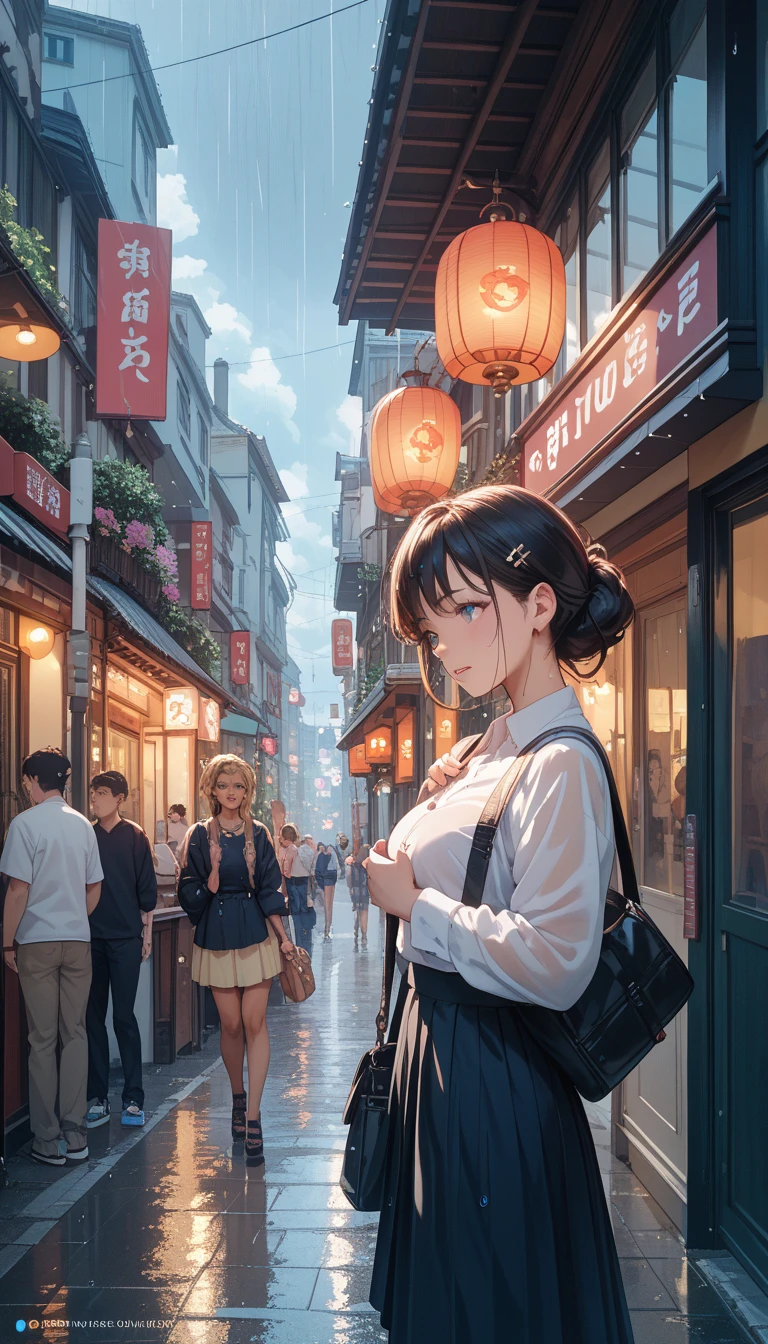 Japanese Manga, comic stories are represented in color on multiple irregular panels. On the streets during the rainy season、Indian artist struggling to create beautiful work.  style is exaggerated and detailed on the streets during the rainy season 