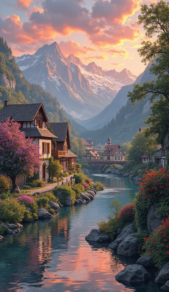 a small village by the river, mountains in the background, floral flowers colorful, detailed landscape, Beautiful natural landscapes, atmospheric lighting, scorching sunset, warm colours, practical, photopractical, Detailed Foliage, complex buildings, cobblestone street, Charming country house, swirly vibrant colors, lush vegetation, Still water reflections, Picturesque, idyllic, work of art, best qualityer, 8k, extremely detaild,anime styling