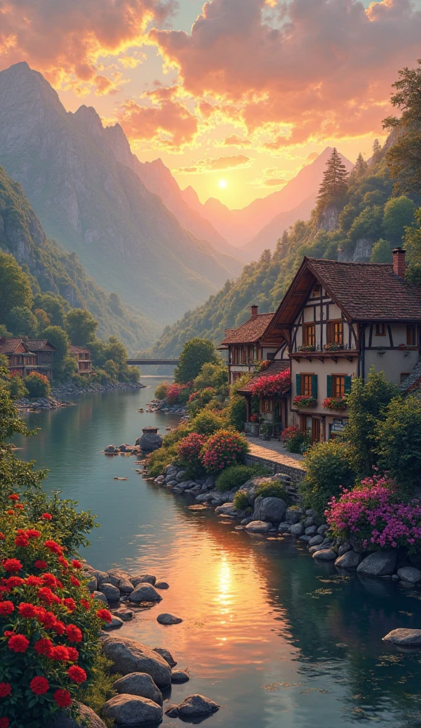 a small village by the river, mountains in the background, floral flowers colorful, detailed landscape, Beautiful natural landscapes, atmospheric lighting, scorching sunset, warm colours, practical, photopractical, Detailed Foliage, complex buildings, cobblestone street, Charming country house, swirly vibrant colors, lush vegetation, Still water reflections, Picturesque, idyllic, work of art, best qualityer, 8k, extremely detaild,anime styling