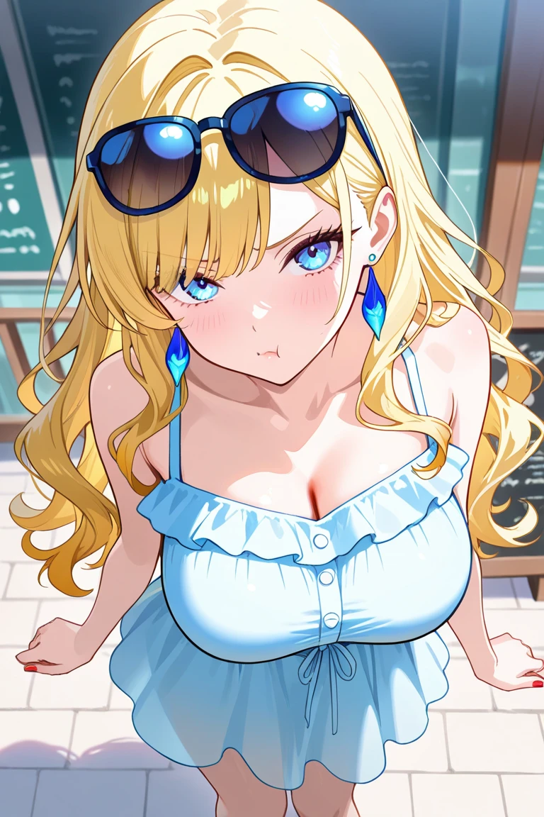 Beautiful round medium breasts, 1 Girl, ((Blonde Hair, Bangs cover the eyes)) ((Wolf Girl, Cute girl face)) Light blue eyes, With a beautiful sexy figure and freckles, Big breasts and thin waist, HIP HOP Pretty and cute colorful plush dress, Women's belts, Strapless delicate fabric, Bold look. young, quality, Practical, best quality, Cute expression, Pink lipstick lips, Lovely smile, tilt, In the beautiful room, closet