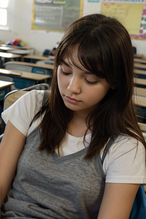 ((best quality)), ((masterpiece)), (detailed), perfect face, Picture an anime drawing of a creative school girl sketching in her notebook. Her school uniform is stained with paint and ink, and she has a thoughtful expression. Use an art studio or classroom as the backdrop to emphasize her artistic talents