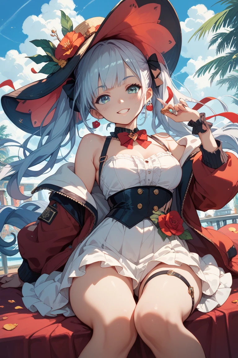 There is one cute girl with long white hair, red eyes, a white bunny girl outfit, and a big chest.VBunny girl outfit with a large opening Please reduce the amount of fabric in the outfit Bunny girl outfit that covers the belly button Red ribbon around the neck Small pocket watch on the right side of the waist (Put a big white top hat on me) Put bunny ears on the top hat, put lots of small pocket watches on the side of the top hat, draw him facing forward from the waist up, and make the background blue.