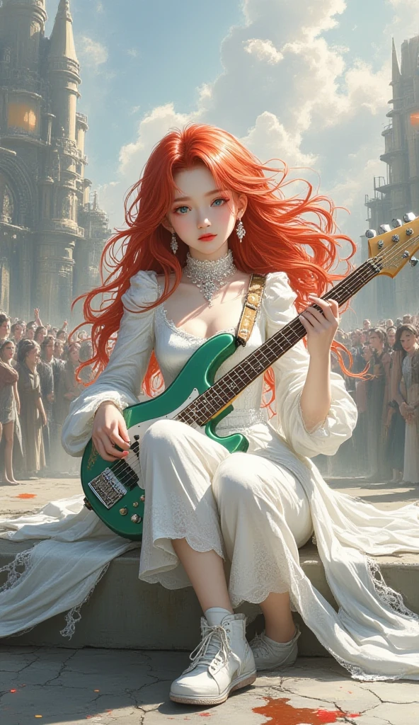 anime, 1 girl, long disheveled hair, red hair, concert, bass guitar, crossed legs, sitting, high detail, crowd, mgong_style
Silver,red and emerald green colors 
