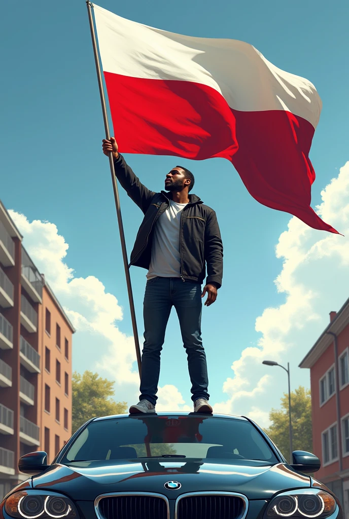A black guy with a polish flag in Poland on the roof of a car