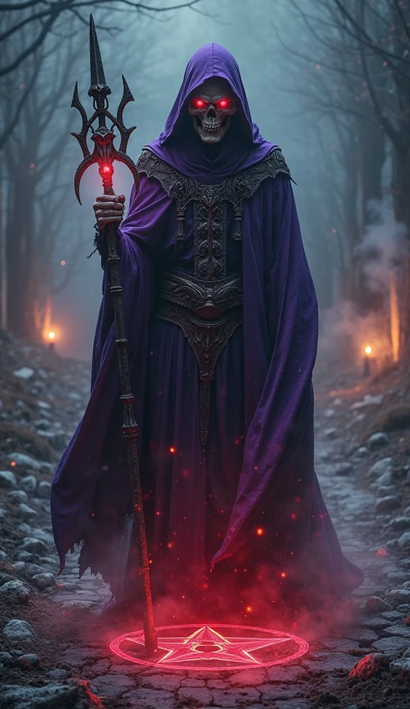 Ultra-realistic cinematic scene of Exu Caveira standing at a haunted crossroads at night. He wears a long, deep purple hooded cloak (with the hood up), flowing in the wind. His face is a realistic human skull with glowing red eyes, partially shadowed under the purple hood. In his hand, he holds a rusty iron trident pointed downward. Broken symbols of black magic float in the air around him. Red and black spiritual flames rise from the cracked earth, and thick mystical fog swirls at his feet. A glowing red sigil burns beneath him. Candlelight flickers in the background, casting eerie shadows. Designed for a powerful social media thumbnail, this image should have dramatic lighting, supernatural atmosphere, hyper-detailed textures, and simulated 32K resolution.