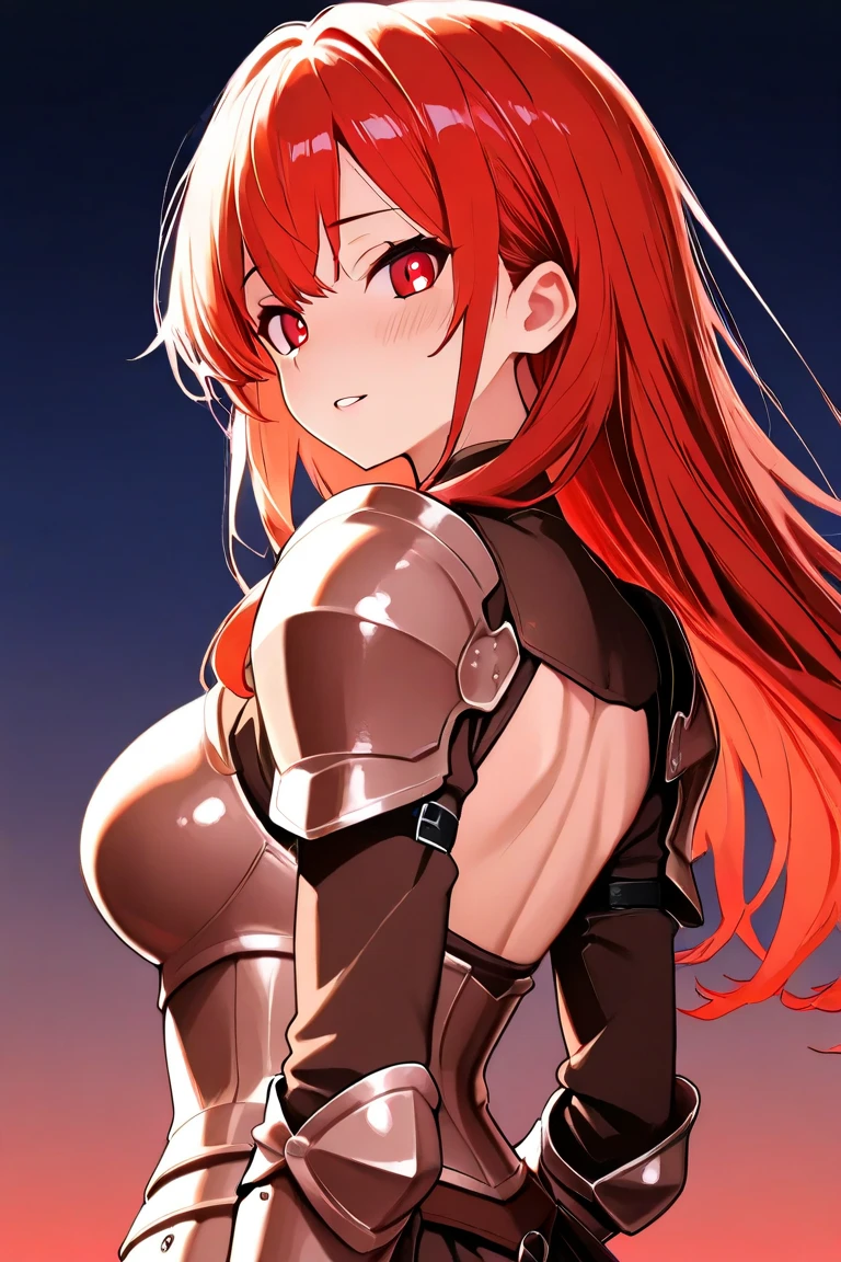 highest quality、nice sexy body、one woman、solo、((Beautiful busty woman:1.3))、((Woman with dark red hair:1.3))、straight hair woman、long hair woman、female knight、(A woman wearing a dark red leotard:1.3)、((woman with full armor:1.3))、((Woman with belt))、woman wearing brown pantyhose、inside the cave、Woman with a big smile、woman with serious face、combat readiness、A woman running while brandishing a sword