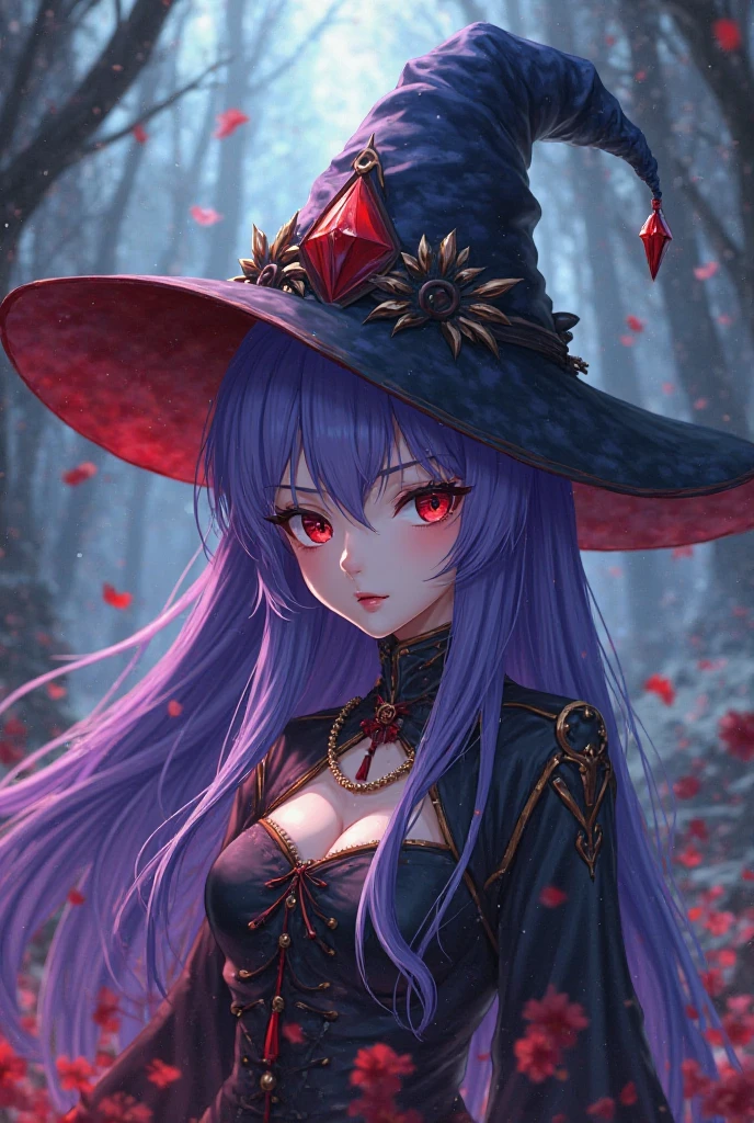 FemmeMiq, 1girl, solo, long hair, large breasts, long sleeves, hat, dress, animal ears, cleavage, purple eyes, pink hair, puffy sleeves, cat ears, black dress, witch hat, facial mark, holding, holding a tarot card, card, miqo'te, looking at viewer, smile, outdoors, 4 point perspective, vantage point, masterpiece, best quality , <lora:FemMiqote:0.8>