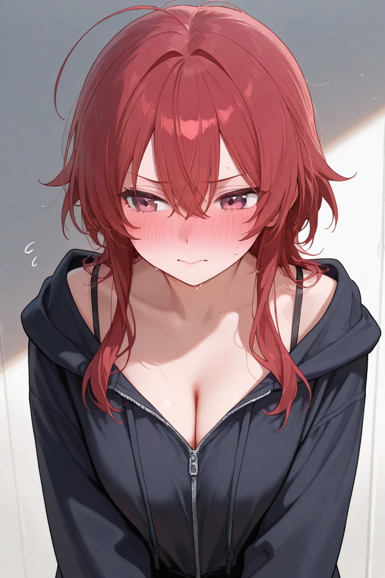(masterpiece, best quality:1.4), (extremely detailed, 8k, uhd), cinematic shot, natural lighting, ultra highres, vibrant rich colors, (beautiful, aesthetic, perfect, delicate, intricate:1.2), (sharp focus, from front:1.3), eye level shot, 1girl, portrait of a anime girl, young, red hair, (extremely hot, attractive, beautiful, sexy, feminine:1.2) serious expression, serious look, serious eyes, expressive brown eyes, long eyelashes, relaxed,(beautiful detailed face, highly detailed skin, red eyes), gorgeous, breathtaking beauty, seductive, captivating, pale skin, perfect female figure, (slim:0.5), ( wet, wet clothes, wet hair, water :1.2), (highly saturated lipstick, luscious thick lips), intricate details, daytime, award winning photography, detailed background, volumetric fx, anime, hyper-detailed