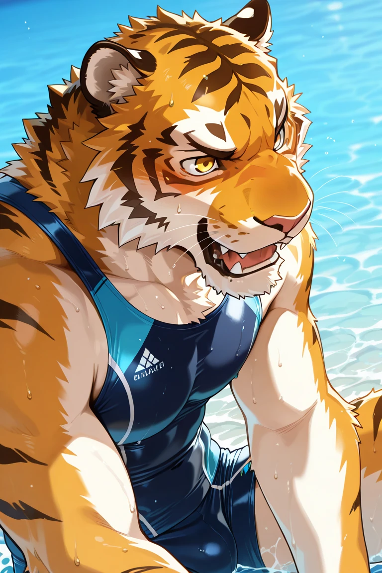 male, Furry tiger, charming, rich, Head only, rich, solitary,White fur,,front Photo,Casual wear,Smile,Zoom in on facial details,Strong body,Avatar size,beach,一人站在Waves中,Waves,Water Splash,shell,Swim rings around your waist