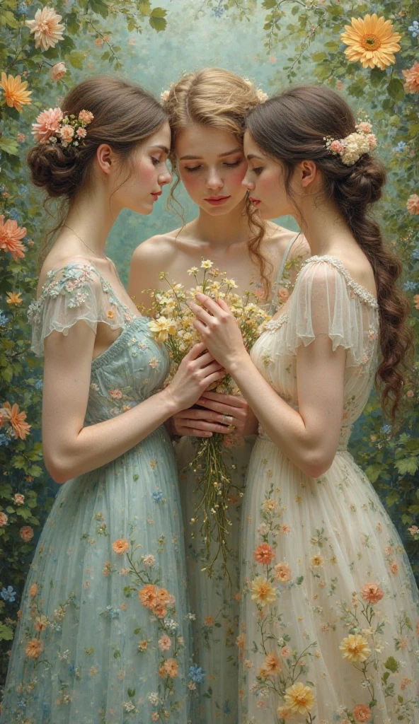 The artwork features three ethereal women in elegant attire, each adorned with floral accents in their hair. They are positioned closely, engaged in a delicate interaction, with the central figure holding a small plant. The background is richly decorated with vibrant flowers, creating an enchanting natural setting. Soft, diffused lighting enhances the overall dreamy atmosphere, highlighting the intricate details of their dresses, which are adorned with floral patterns in soft pastels. The color palette consists of soft greens, blues, and warm yellows, contributing to a harmonious composition. The style is reminiscent of romantic, classical portraiture with an emphasis on grace and femininity. The three figures are balanced in size and posture, drawing the viewer's eye across the artwork. Subtle shadows add depth, while the lush greenery creates a frame that highlights the beauty of the subjects.