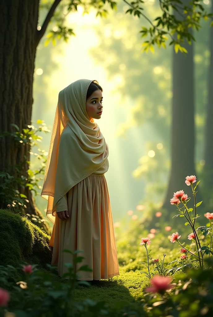 A serene and enchanting scene in a sunlit forest, featuring an Asian woman with flowing long hijab. She is wearing an overall dress calm with intricate lace on the bodice and a flowing, semi-transparent skirt that catches the golden light filtering through the trees. The sunlight creates a warm, ethereal glow, casting soft shadows and illuminating the dust particles in the air, giving the scene a beautiful, almost magical feel. The lush forest backdrop with tall trees and dense foliage creates a natural frame around the woman, enhancing the sense of serenity and solitude. The overall mood of the image is one of gentle peace and beauty, reminiscent of a fairy tale or a romantic moment captured in time.
