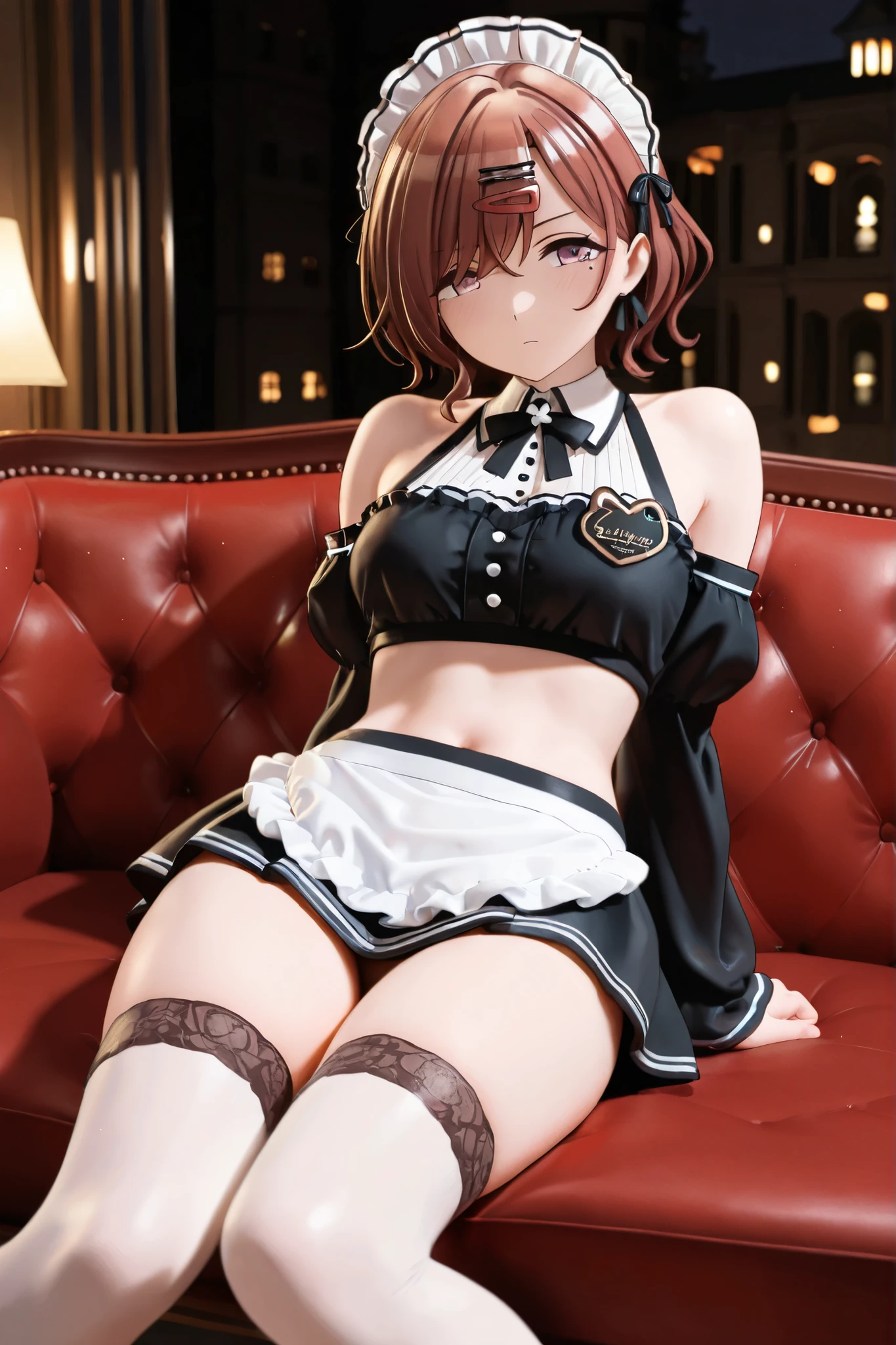 (((masterpiece, Highest quality, High resolution, 超High resolution, Perfect Pixel, Depth of written boundary, 4K, RTTX 10.0))), Beautiful Anime Women, Beautiful art style, Anime characters, ((Smooth texture, Realistic texture, Anime CG Style)), Exact finger count、Exact number of legs、(Exact number of arms:1.0, Exact number of hands:1.0), (Perfect hands, Perfect Anatomy), Cinematic, Realistic, Extremely detailed CG, Daytime lighting, Perfect lighting, Best Shadow, The best natural light, whole body, Perfect body, (Slender body:1.2), ((Long Hair, bangs, Dark brown hair, Stylish hairstyle, Bobcut)), ((3人のcute女性はセクシーに飲み物を運んでいる:1.6)), ((With 3 people:1.0)), beauty, cute, ((Bow tie around neck, High heels:1.3), (セクシーでcute下着, Underwear in various colors, Blue, Magenta underwear, Purple underwear, Dark-colored underwear:1.5), (Stylish shiny satin panties, Side-tie panties, Panties with plain center and lace sides:1.3), (Thin panties:1.3), (Micro lace satin bra, Thin bra:1.3), (garter belt, Knee socks:1.3):1.3), (beautiful and very large breasts:1.2), (Beautiful and thin thighs:1.3), (Short torso:1.3), Feeling embarrassed, (blush:1.2), (Very embarrassed look:1.4), (Inside a stylish bar, Carry drinks, A busy store, Stylish bar, table, Luxurious sofa:1.3), naked, In underwear, Waitress in underwear, (Maid Headband:1.2), whole body, Angle from the front