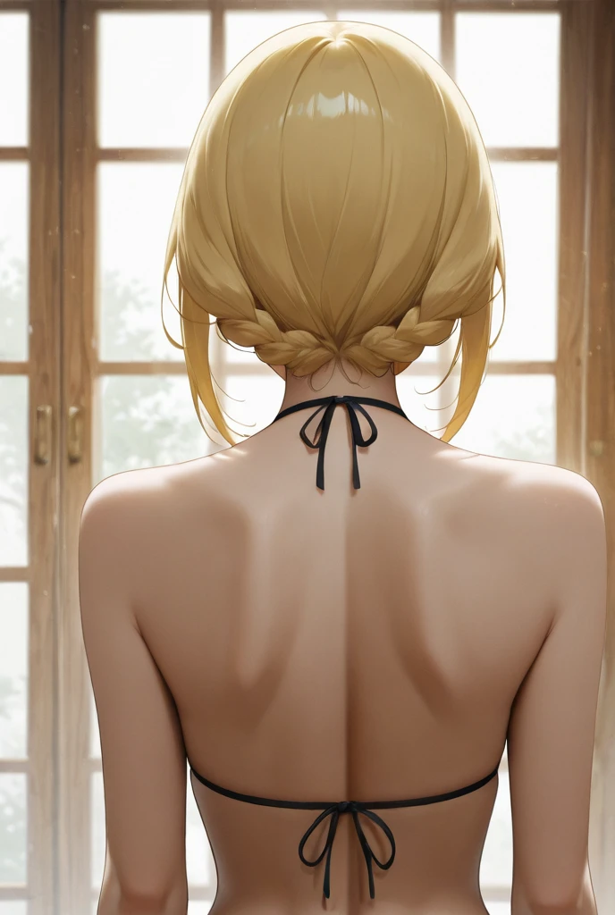 La mejor calidad, Obra maestra,phSaber, phAltoria, 1girl, solamente, Trenza francesa, resplandeciente, Hair bun, Parte superior del cuerpo, green eyes, bed, desnude, nude