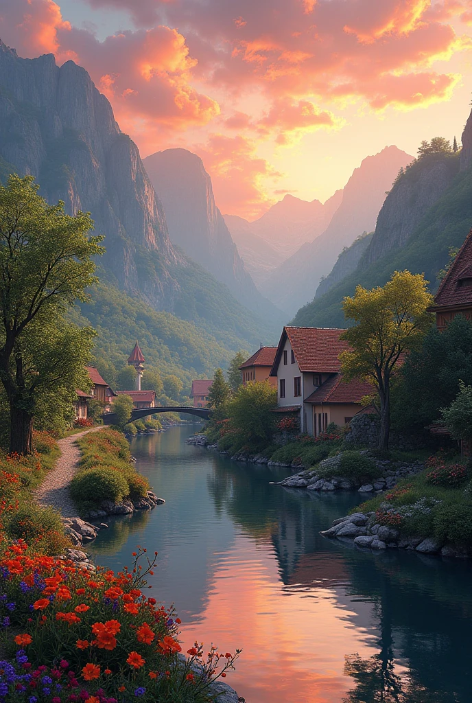 a small village by the river, mountains in the background, floral flowers colorful, detailed landscape, Beautiful natural landscapes, atmospheric lighting, scorching sunset, warm colours, practical, photopractical, Detailed Foliage, complex buildings, cobblestone street, Charming country house, swirly vibrant colors, lush vegetation, Still water reflections, Picturesque, idyllic, work of art, best qualityer, 8k, extremely detaild,anime styling