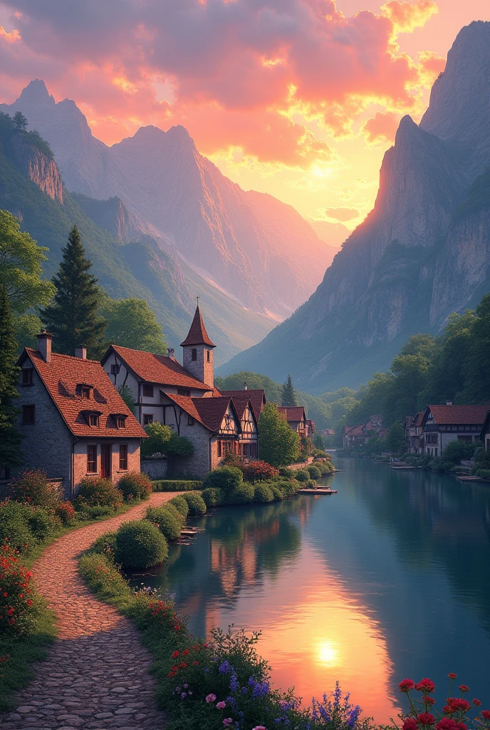 a small village by the river, mountains in the background, floral flowers colorful, detailed landscape, Beautiful natural landscapes, atmospheric lighting, scorching sunset, warm colours, practical, photopractical, Detailed Foliage, complex buildings, cobblestone street, Charming country house, swirly vibrant colors, lush vegetation, Still water reflections, Picturesque, idyllic, work of art, best qualityer, 8k, extremely detaild,anime styling