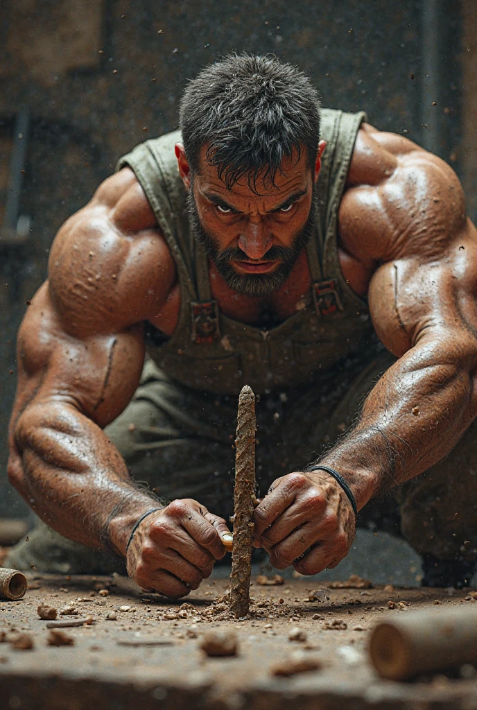 muscular fit man, shirtless, big pecs, tied up to wall, hands over head, very hairy chest, hyperrealistic, chiaroscuro lighting, highly detailed, photorealistic, 8k, cinematic, dramatic pose, intense expression, moody atmosphere, gritty, rugged, masculine, epic, powerful, dynamic