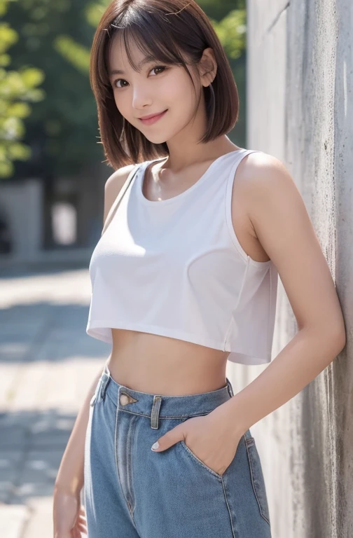 ((Top Quality, 8k, Masterpiece: 1.3)), Sharp Focus: 1.2, Perfect Body Shape: 1.4, Slender Abs: 1.2, (Layered Haircut), (White T-Shirt: 2.0), (Walk: 1.8), (Street: 1.2), Highly Detailed Face and Skin Texture, Detailed Eyes, Double Eyelids, Smile, Background Bokeh,
