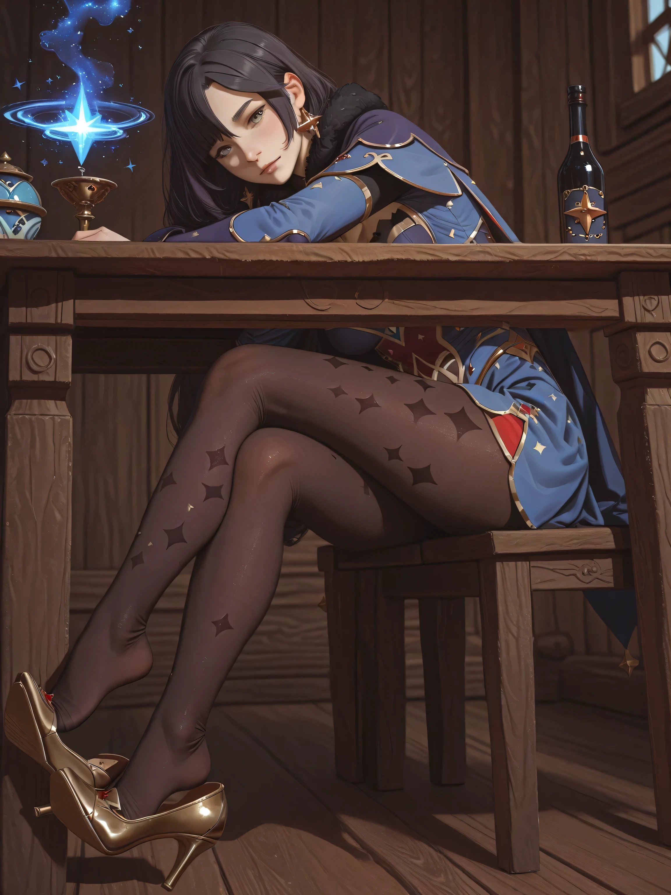 Mona:1.0, adult mature Mona:1.0, Mona outfit:1.0, Mona golden shoes:1.0, Mona pantyhose:2.0, shoe dangle:2.0, shot from under the table, wooden table, magic tabern, HDR, perfect face
