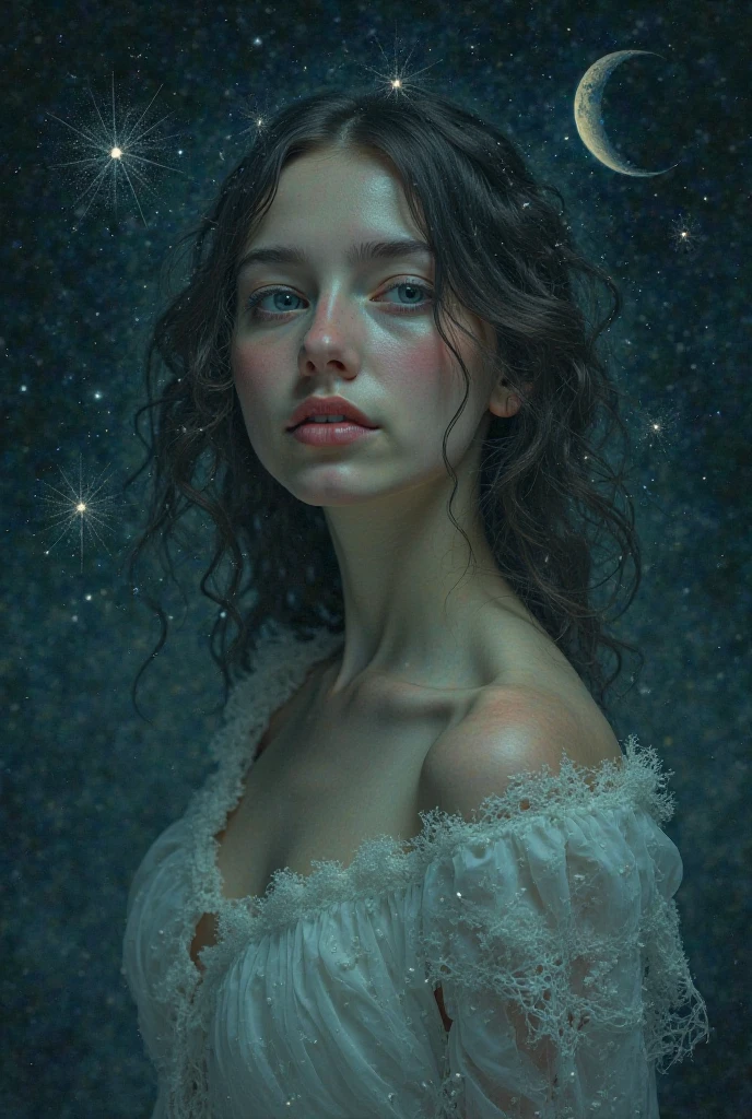 a girl, with a black moon and stars in the back 