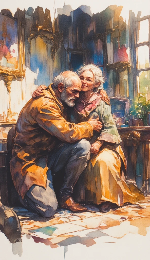 watercolor painting of a kneeling man Weinen in the embrace of a very old woman. der kniende Mann ist traurig, Weinen, weinend in Tränen. die alte Frau sitzt auf einem Stuhl, Herzlich lächeln, umarmt den knienden Mann. Ganzkörperaufnahme der beiden Personen. warmer Glanz umgibt sie. Aquarellpinselstrich-Malstil. die Umgebung ist verschwommen.