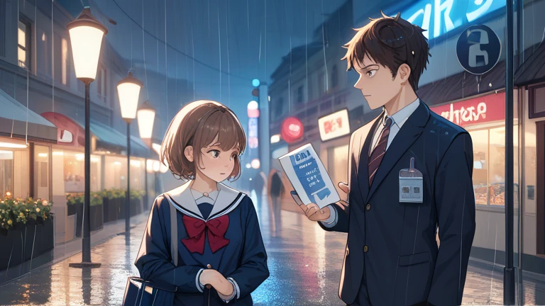 Anime-style emotional scene, a shy boy standing in a rainy evening, holding a small gift box behind his back, gazing at a girl who is slightly turning her face away. The girl wears a school uniform, her eyes looking down with a conflicted expression, hands clutching her bag tightly. Soft rain droplets fall around them, blurred streetlights and wet pavement in the background. The boy's mouth is slightly open as if wanting to speak, but his words remain unspoken. Warm glow from a convenience store sign illuminates the scene. Art style inspired by Makoto Shinkai's cinematic atmosphere, dramatic lighting, and melancholic mood. Subtle details: trembling hands, a stray cat watching from the distance, and a half-reached umbrella between them."
