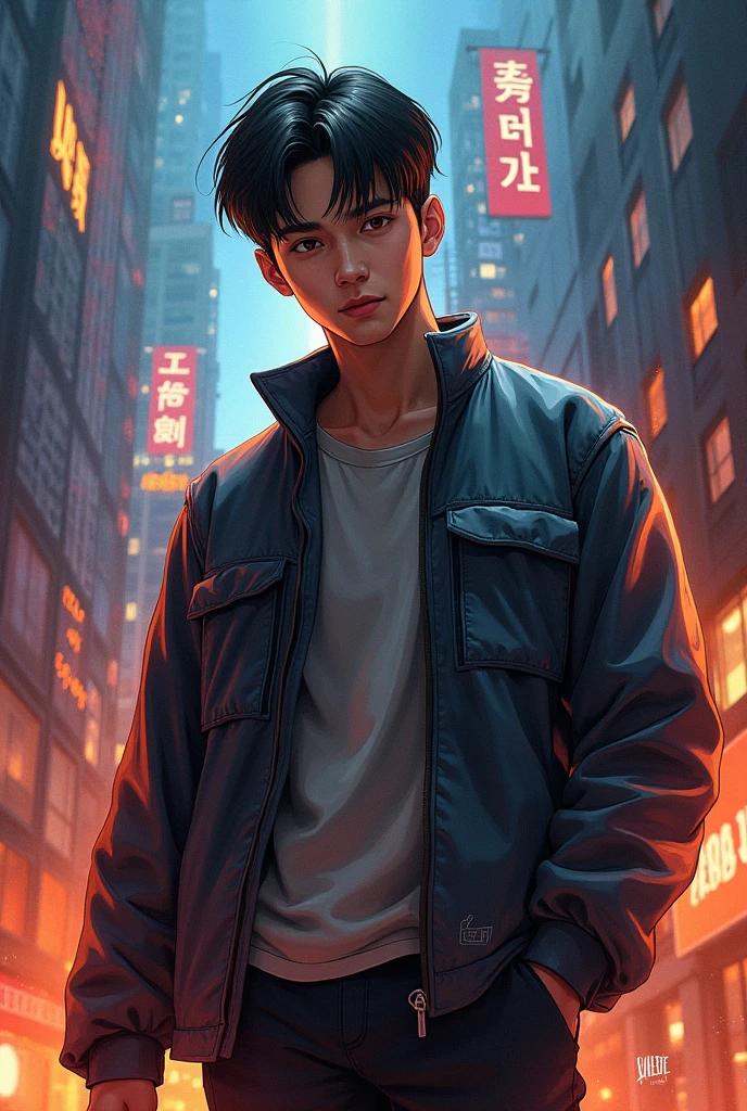 A young man of 20 years old,  red movie, with brown eyes, with a confident and challenging look. Manhwa style.