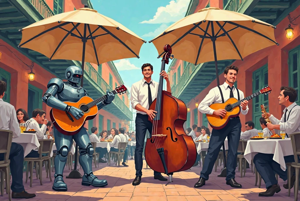 a meme style, HQ, cartoon of a jazz trio, consisting of a robot playing an acoustic resonator guitar, a man on bass, a man on clarinet. the men in the trio are dressed in a white shirt, black pants, and a tie. Above the trio are two beige colored umbrellas, guarding the trio from the sunlight. This scene takes place in a crowded courtyard restaurant in the French Quarter of New Orleans