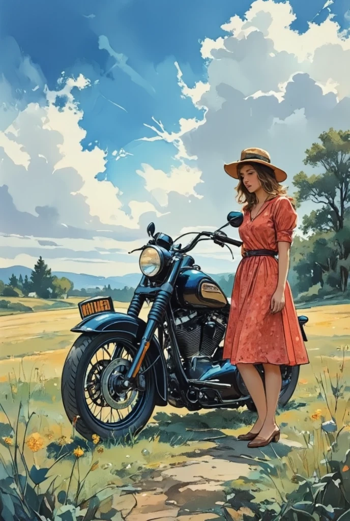 a young woman with long hair and a red polka dot dress, I'm standing next to a、vintage retro Harley Davidson on a French meadow, In the 40s. Strong winds. high in the sky with a remote background. amazing watercolor ink painting illustration on a French meadow、Retro Style、 using light colors、top quality、long shot