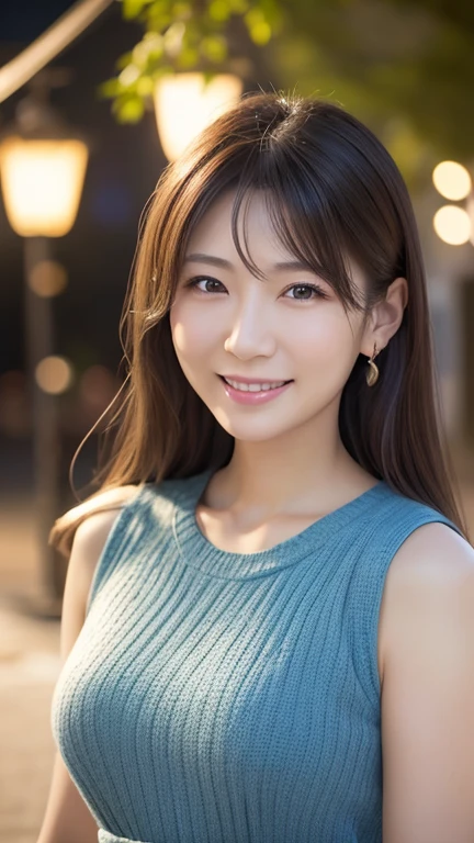 ((highest quality, 8K, masterpiece :1.3)), 1 girl, smile, whole body, big breasts、slim face, Beautiful woman, (dark brown hair), colorful onesie:1.1, super detailed face, fine eyes, double eyelid, blur background, slim face, city, outside, street,