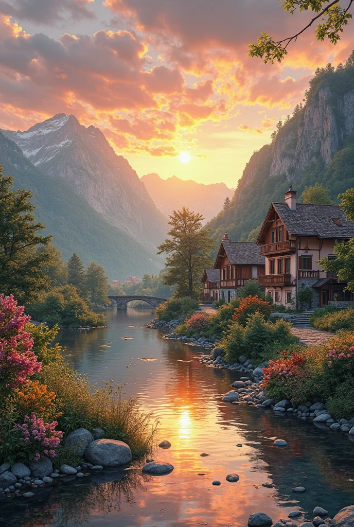 a small village by the river, mountains in the background, fleurs florales colorées,  detailed landscape , Beaux paysages naturels, atmospheric lighting, coucher de soleil brûlant, warm colors, pratique, photorealistic, Detailed foliage ,  complex buildings, Cobblestone street, Charming country house, bright swirling colors, lush vegetation,  Reflections of still water, Pittoresque, idyllique,  work of art, best quality, 8k, Extremely detailed, style anime.