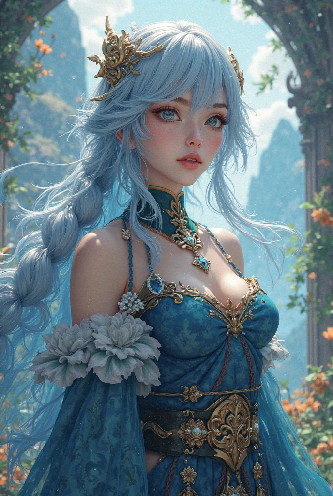 tmasterpiece，Highest high resolution，((((ruit))))，Dynamic head photo of beautiful aristocratic girl，Blue hair is elegantly coiled，（((Wearing a huge flower crown、Hats，jewelery，adiamondnecklace)))，Purple clear eyes，(((The hair is covered with beautiful and delicate floral craftsmanship, Crystal jewelry filigree)))，Ultra-detailed details，Hands naturally droop。etailed face, detailed eyes, detailed hands, 
