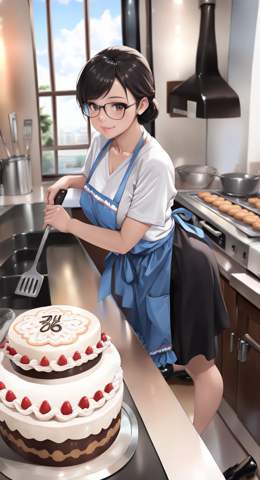 (Masterpiece, best quality, vibrant, high contrast, hyperrealistic, top quality, high sharpness, realistic, ultra realism, sharp, detailed clothes, highly detailed character, High Resolution, 16k, very detailed, Volumetric lighting, depth of field, cinematic, vibrant, dynamic lighting, dramatic light. Atmospheric effects. :1.3), 1girl, solo, 18 years old, ((Korean, Asian)), Pastry chef, adorable, (long black hair pulled back into a low bun and tied with a sky-blue thin ribbon, swept bangs, strands framing her face, a very messy but intentional style). expressive slanted brown eyes, bright smile, shortstack, (Young adult, cute, youthful), Background: Small family owned Pastry shop, family owned, pots and pans, baking ingredients, window view of Seoul street, baking utensils, ((wearing a short-sleeved white v-neck t-shirt, black modern Baji skirt, cute low-cut frilly sky-blue apron, Large black rimmed glasses, lip gloss, black eyeliner, black flat shoes)), Large-small perky breasts. Theme: A Young eighteen-year-old Korean girl starts her own pastry shop. Action: frosting cake on countertop with a spatula. kyomesug_yuu. thigh-length apron. frosting cake pose while standing at the countertop, side view, full pouty lips.