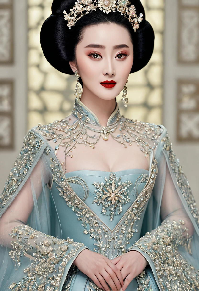 An authoritative a true scene of a breathtaking beautiful and celestial and majestic chinese lady resembling fan bingbing who is an honorable royal empress of china with large elegant, hawk-like-nose, who embodies old fashioned class, sophistication, elgance as well as wholesome, natural beauty. curvy, thin-waist, wide-????, swaying-????. Laura Vandervoort. Insanely Oppulent and majestic sequined square neck historically accurate victorian coronation multi layered tulle huge and long ancient hanfu or any ancient traditional dress of china with long tulle floating sleeves and a hint of seductive cleavage and it must be fancy like an aged empress, the beauty of her face is devilishly high and hypnotic and her eyes are like pearls with wicked smile. It is a promise of seduction as her big round ??????? swirls out and makes you to edge on your ??????, striking evil makeup with pure red lipstick that tempts to look more and more and feel scorned and humiliated by her beauty. she is in her coronation ceremony. hint of seductive cleavage makes men to submit to her. her hairstyle is a royal puffy huge Thick updo. her gaze is seductively dominant and powerful and majestic with intense charismatic. you will be forced to look at her seductive cleavage and aroused and kneel and then prostrate and worship her. the way her gaze shows and whispers: ‘Kneel and worship me my servant and show your humility towards me.’if you watched at her you must immediately kneel and prostrate and if you don't, you shall feel extremely ????? by the hint of her seductive cleavage a burst into a huge ??????. she will force you to kneel and prostrate at her like a god whether you like it or not. you will feel possessed by her bewitching beauty and voluptuous power and she will force you to kneel and prostrate at her like a god whether you like it or not. you will feel possessed by her bewitching beauty and voluptuous power and she sees that you will be forced to kneel with her possessive power of her
