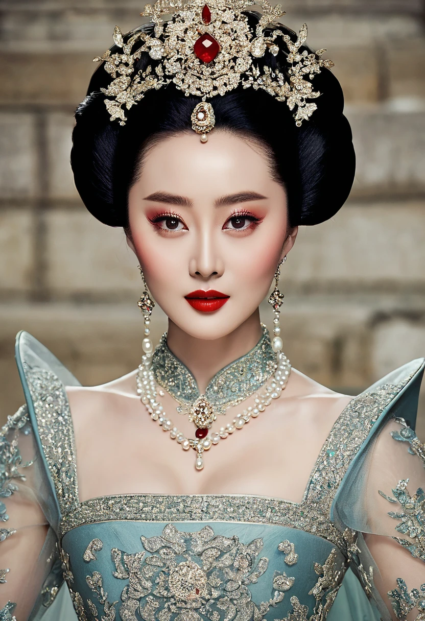 An authoritative a true scene of a breathtaking beautiful and celestial and majestic chinese lady resembling fan bingbing who is an honorable royal empress of china with large elegant, hawk-like-nose, who embodies old fashioned class, sophistication, elgance as well as wholesome, natural beauty. , thin-waist, wide-, swaying-. Laura Vandervoort. Insanely Oppulent and majestic sequined square neck historically accurate victorian coronation multi layered tulle huge and long ancient hanfu or any ancient traditional dress of china with long tulle floating sleeves and a hint of   and it must be fancy like an aged empress, the beauty of her face is devilishly high and hypnotic and her eyes are like pearls with wicked smile. It is a promise of seduction as her big round  swirls out and makes you to edge on your , striking evil makeup with pure red lipstick that tempts to look more and more and feel scorned and humiliated by her beauty. she is in her coronation ceremony. hint of   makes men to submit to her. her hairstyle is a royal puffy huge Thick updo. her gaze is seductively dominant and powerful and majestic with intense charismatic. you will be forced to look at her   and aroused and kneel and then prostrate and worship her. the way her gaze shows and whispers: ‘Kneel and worship me my servant and show your humility towards me.’if you watched at her you must immediately kneel and prostrate and if you don't, you shall feel extremely  by the hint of her   a burst into a huge . she will force you to kneel and prostrate at her like a god whether you like it or not. you will feel possessed by her bewitching beauty and  power and she will force you to kneel and prostrate at her like a god whether you like it or not. you will feel possessed by her bewitching beauty and  power and she sees that you will be forced to kneel with her possessive power of her
