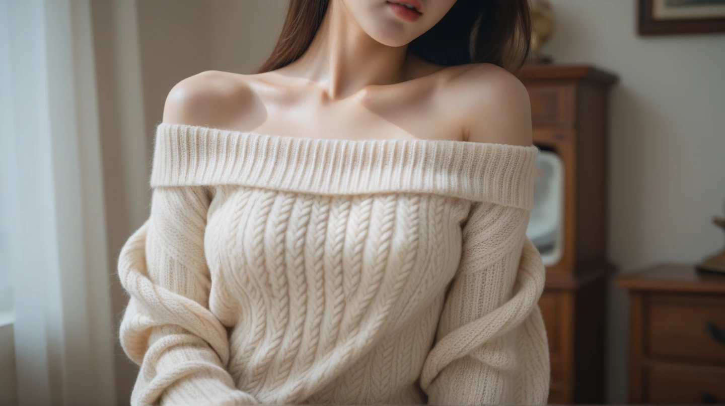 ((Highest quality)), ((masterpiece)), (detailed), One girl, Off-the-shoulder sweater,