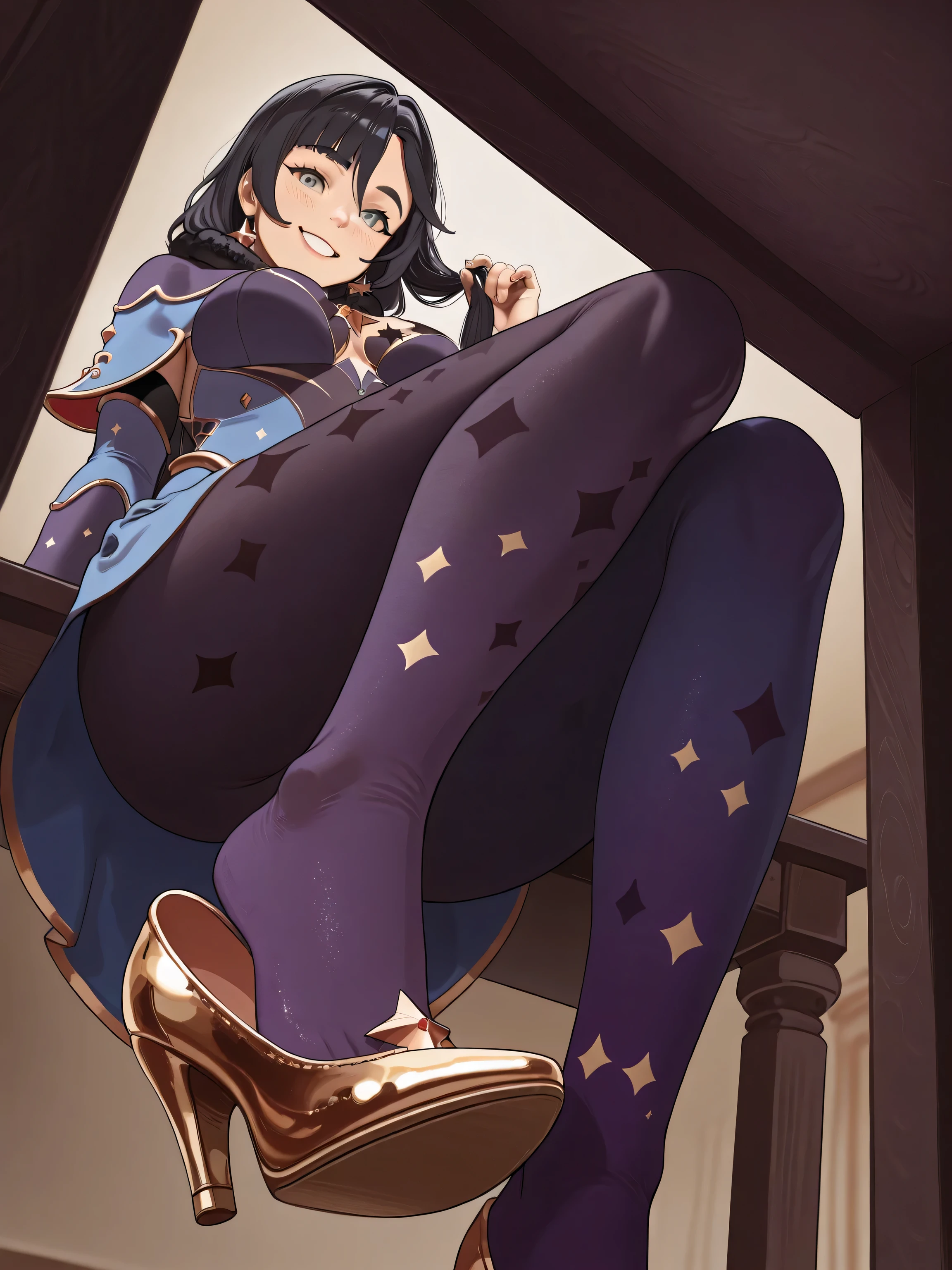 (solo:1.1),(masterpiece), (best quality:1.3), ultra detailed, intricate, professional art, digital art, absurdres,, cowboy shot, solo, 1girl, cinder fall, evil smile, looking at viewer, long hair, long red dress, elbow gloves, large veiny penis, large testicles , Futanari, wide hips,