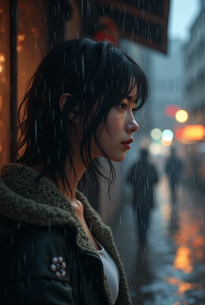 (top quality,8k,high resolution, masterpiece:1.2), (anime style),ultra detail, high resolution, 超high resolution, studio lighting for women, Ultra Precise Painting , sharp concentration, Physically Based Rendering, extremely detailed description,  Professional, Black and White、Bokeh, portrait, Concept Artist, warm color palette, dramatic lighting,Heavy rain, rain, raindrops, a cat taking shelter from the rain under the eaves, The cat is staring at passers-by.(sidemap),Fine Touch 、
